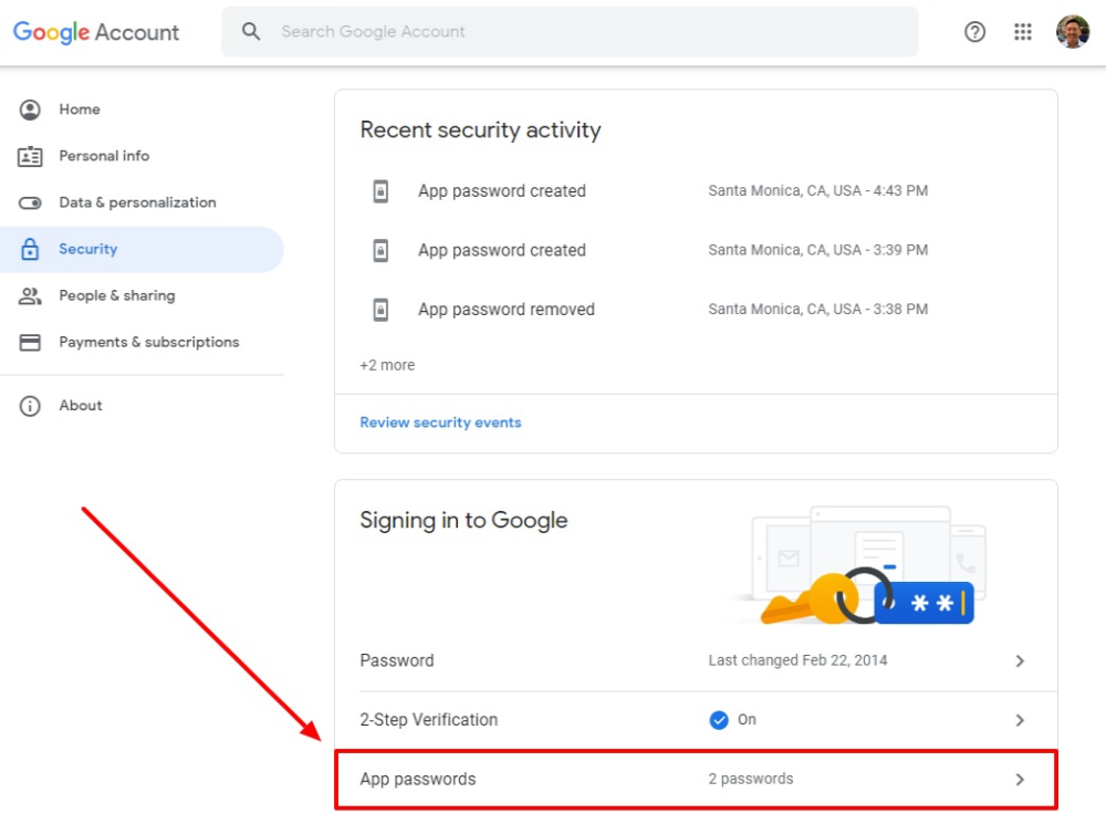 Screenshot showing App passwords link