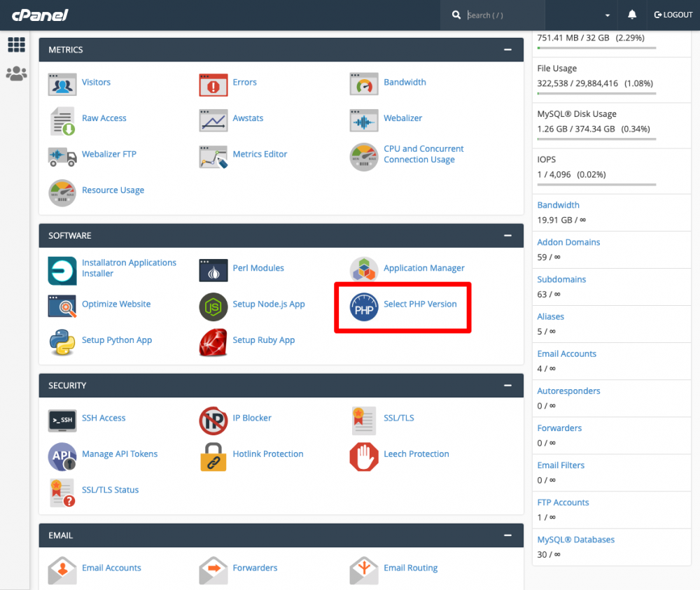 GoDaddy cPanel showing where to change PHP version