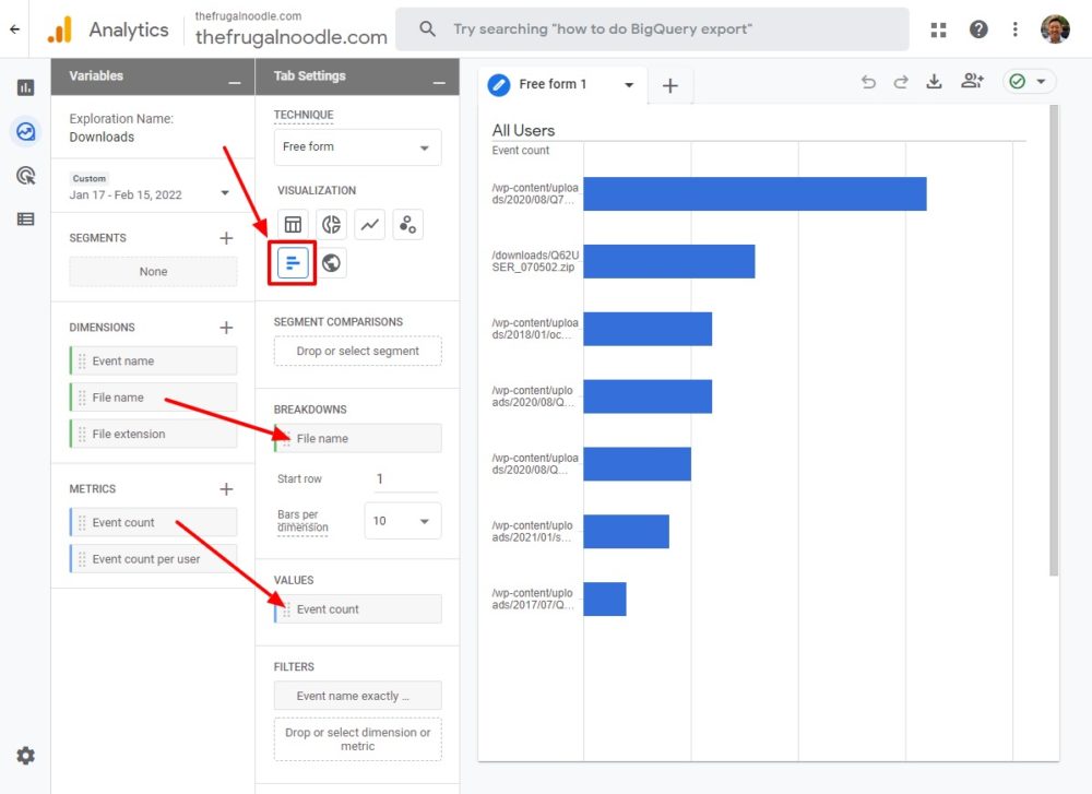 Google Analytics 4 Exploration Tab Settings