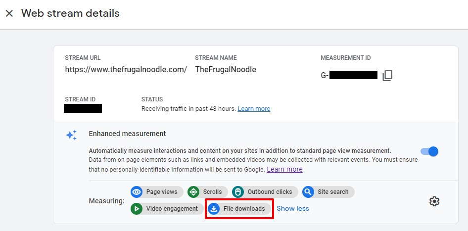 Google Analytics 4 Enhanced Measurement showing File downloads