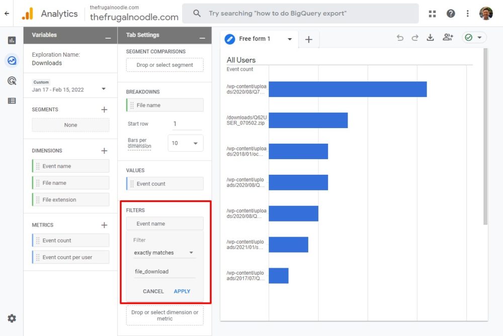 Google Analytics 4 Exploration filter