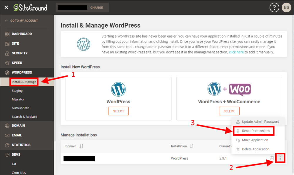 How to reset permissions in Siteground