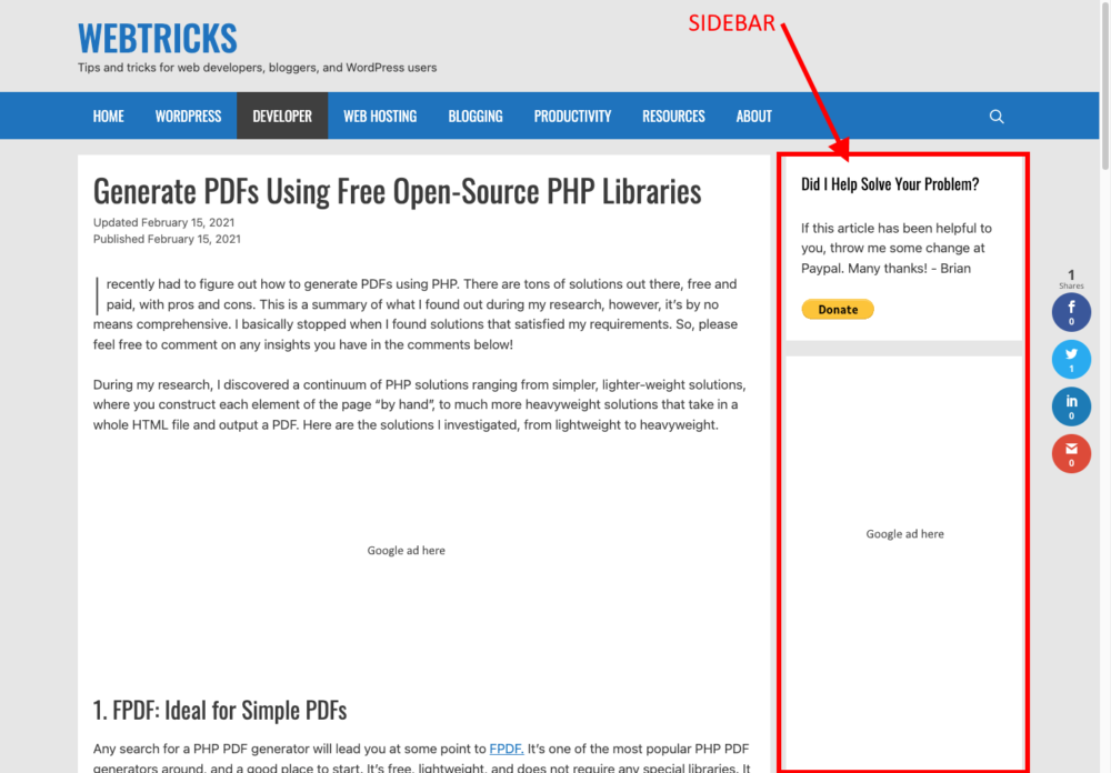 Screenshot of my blog with sidebar