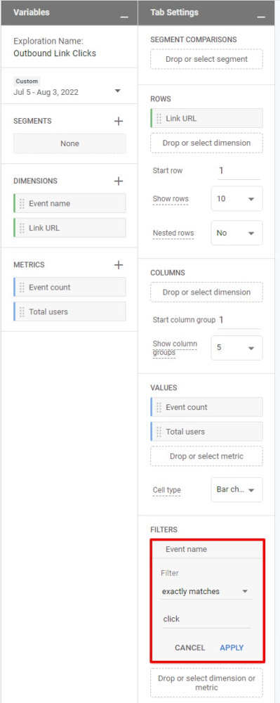 Filtering Events that match "click"