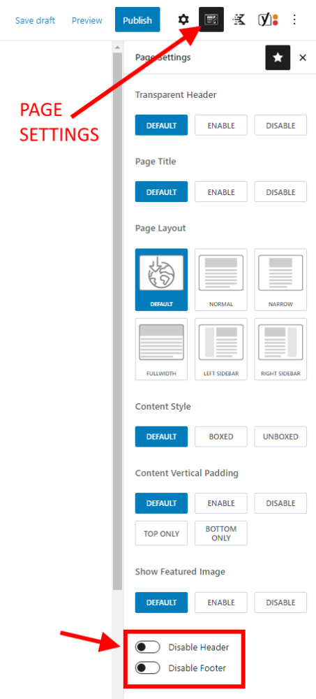 Kadence page settings to hide header or footer