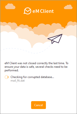 eM Client checking for corrupted database
