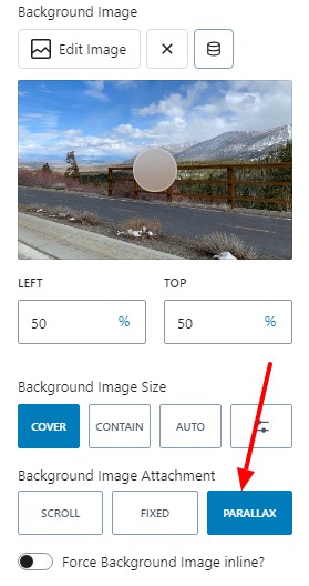 Kadence parallax setting in the Row block