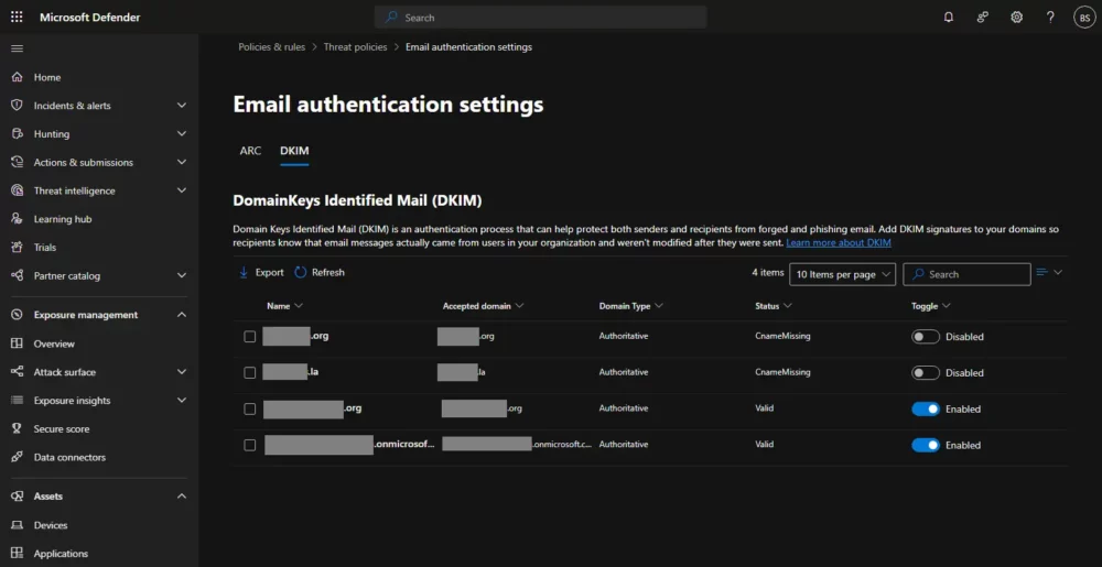 Windows Defender Email authentication settings showing DKIM settings