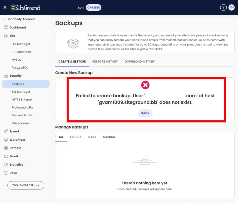 Siteground Failed to create backup error message