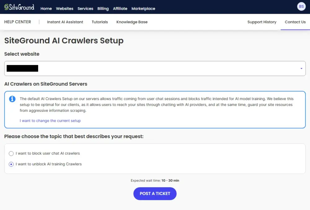 Siteground UI for allow AI training bots