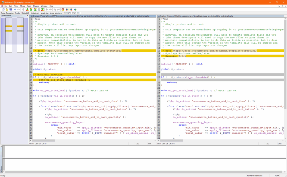 WinMerge showing differences in WooCommerce template files